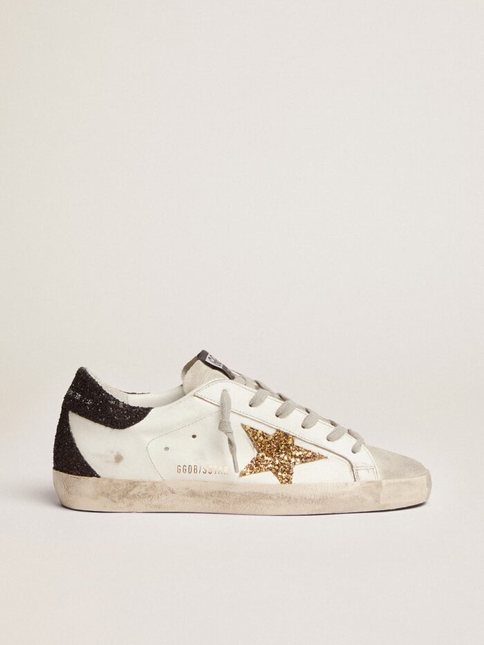 Golden Goose Super-Star in nappa leather with gold glitter star and black glitter heel tab