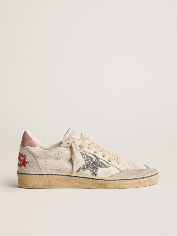 Golden Goose Ball Star with glitter star and pink suede heel tab