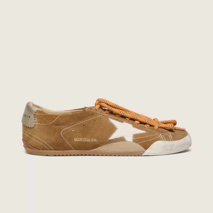 Golden Goose True-Star women’s sneakers in tobacco suede with white star and platinum heel tab