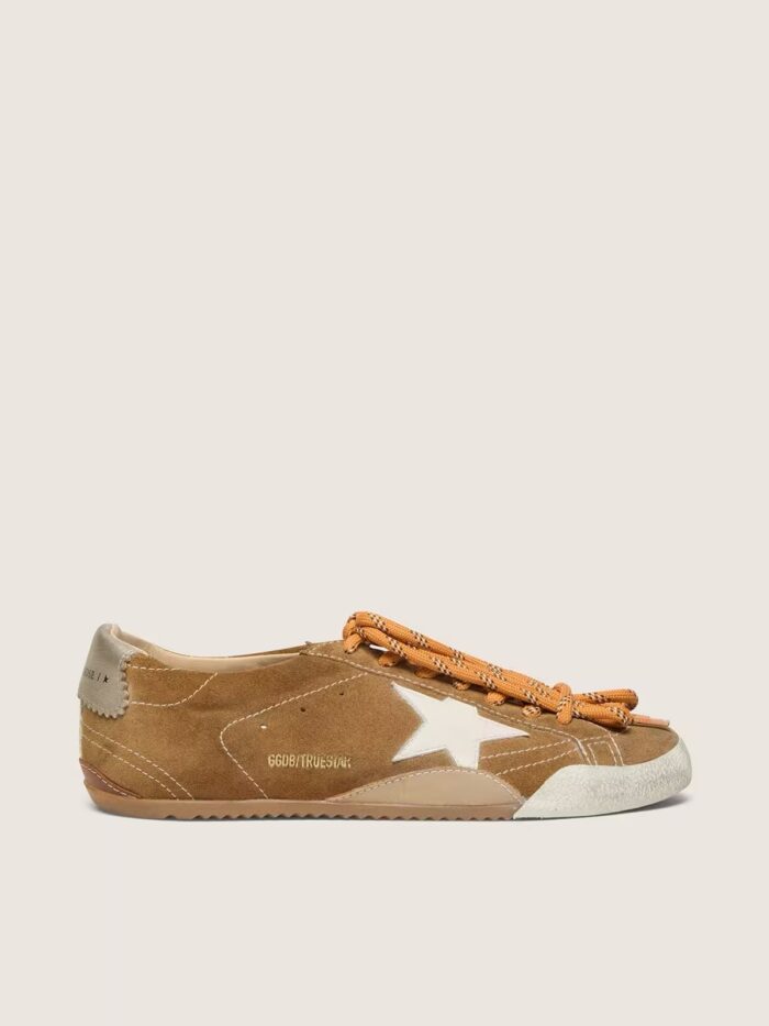 Golden Goose True-Star women’s sneakers in tobacco suede with white star and platinum heel tab
