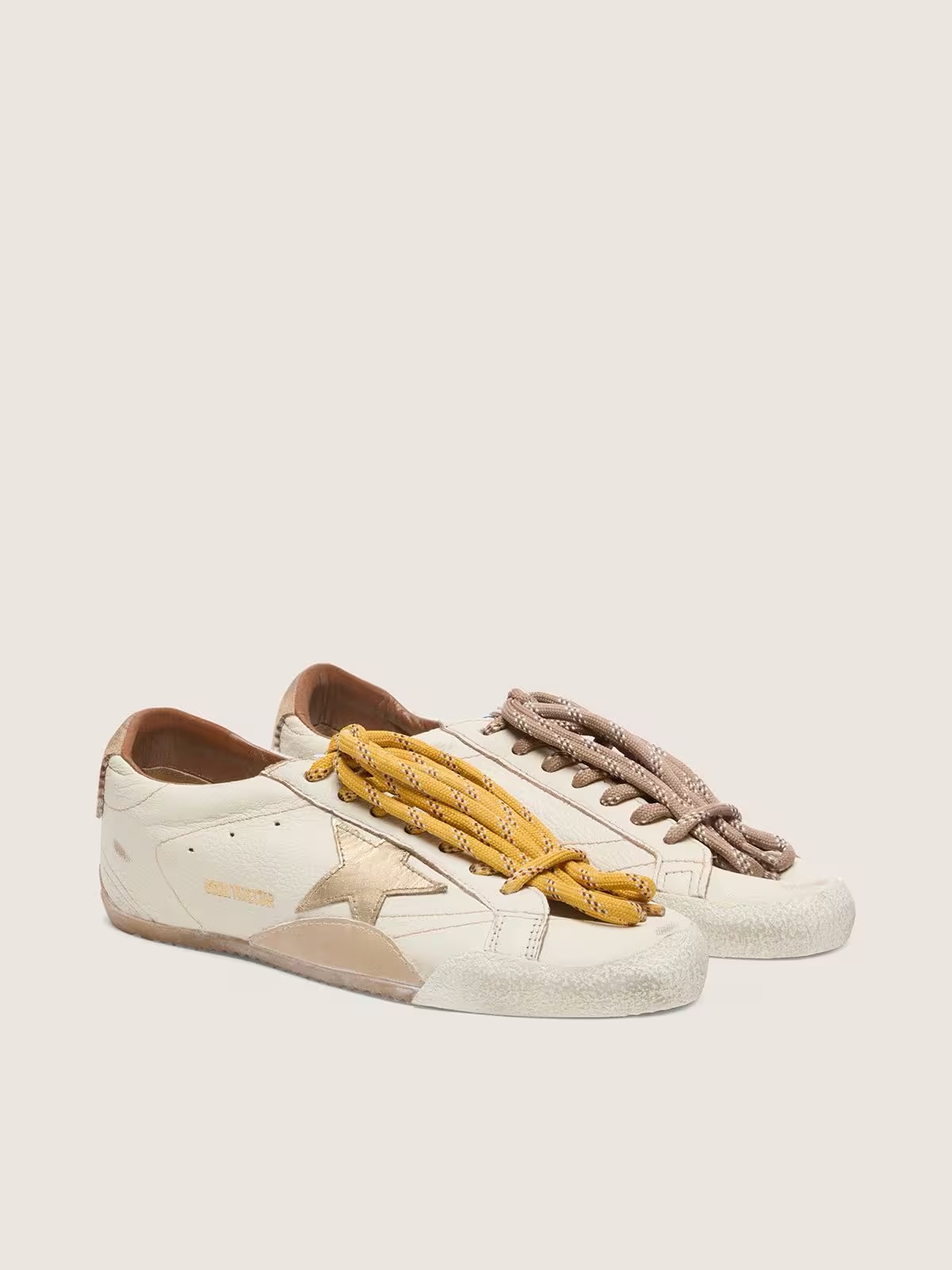 Golden Goose True-Star women’s sneakers in white nappa with gold star and beige suede heel tab