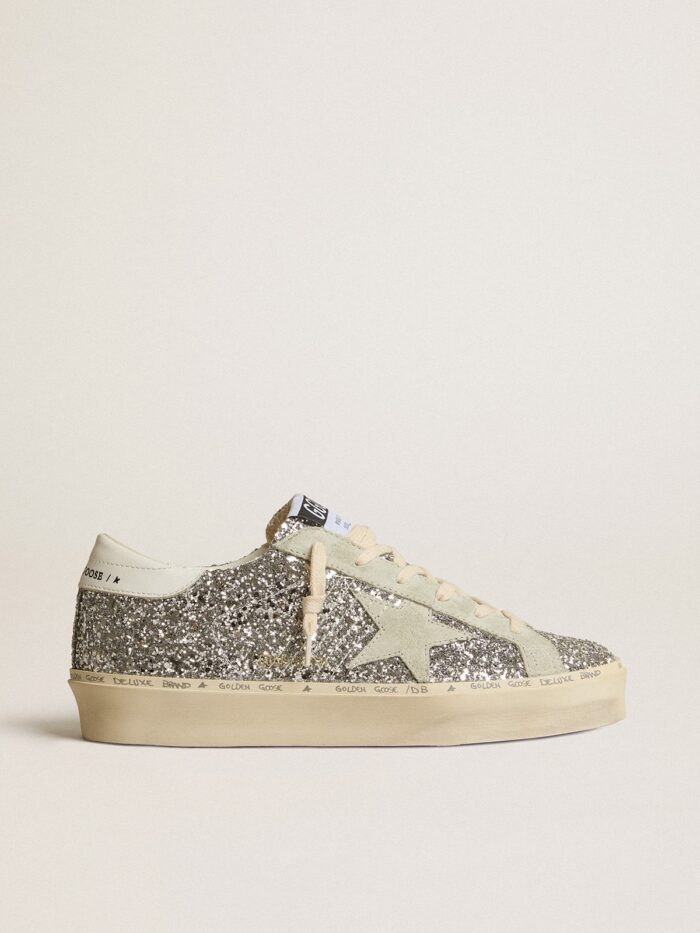 Golden Goose Hi Star women’s sneakers in silver glitter with suede star and white heel tab