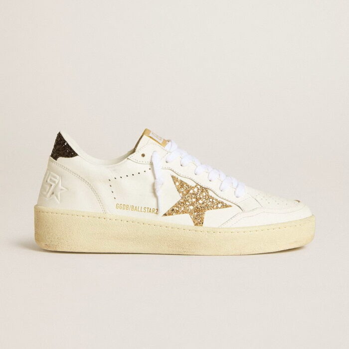 Women’s Ball Star in white leather with gold glitter star and black glitter heel tab